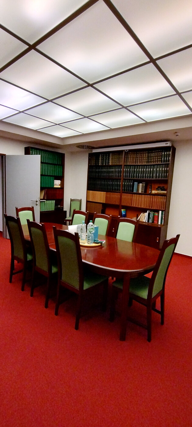 Großer Besprechungsraum mit langem Holztisch, Teppich in warmer roter Farbe und moderner Deckenbeleuchtung